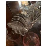Clear glass dishes, 14” art glass bowl, crystal globe bowl on stand, lidded candy dish with etched butterflies