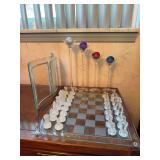 Glass chess board, 4 International Silver Company candle holders, picture frame