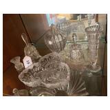 Six pieces of crystal glassware, 2 bells, 2 vases, 3 sectioned bird dish, lidded apple