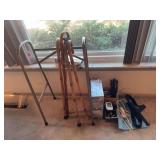 Canes, walker, heating pad, blood pressure monitor, shiatsu pillow, misc