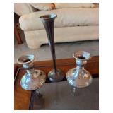 Sterling silver vase, 2 pewter candle holders