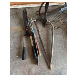 Trimmers, 2 rakes, saw; picks, sickle