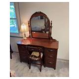 Vintage Solid Cherry kneehole desk w/ carved back chair, swivel mirror, carved drawer pulls