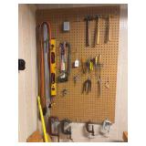 Misc tools: C clamps, level, saw, hammers, metal ruler