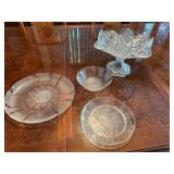 Pedestal dish, pattern glass plate, bowl and salad plate