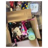 Curling iron, dream catcher, bathroom supplies, bags, misc