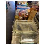 Glass baking dishes, cookie cutters and press, muffin tins, baggies