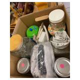Kitchen canisters, towels, trays, bunny cake pan, miscellaneous
