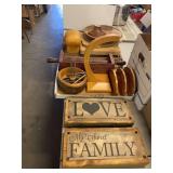 Wood items, signs, bread boards, nut bowl, miscellaneous