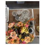 Misc glassware, pair of glass hurricanes and flower arrangement