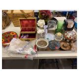 Knick knacks, vases, candle holders, jewelry box, German tin and pillow cases