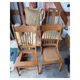 2 oak pressed back chairs, 2 vintage chairs
