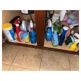 Contents under sink, bottom of pantry, candle and holder on counter. paper towel holder
