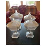 4 compotes with lids, 2-9”, 1-11”, 1-12”, “Pleat and Panel” pattern