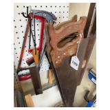 3 hand saws, 2 hacksaws, miter saw, handheld sane