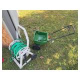 Scott’s lawn seeder, garden hose on reel