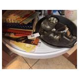 Cookbooks, meat grinder, iron skillet
