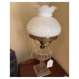 Electrified oil lamp w/ hobnail shade