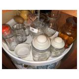 Vases, beer mugs, Pfaltzgraff sauce dish, Pfaltzgraff canisters, amber canister (broken)