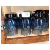 Blue etched glass tumblers, and stemmed glasses