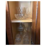 Fostoria small pitcher and handled dish, small covered candy dish, shell place card holders, glass refrigerator dish