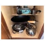 Pots, pans, tea pot, strainer, wok