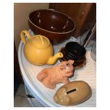 Brown glazed crock bowl, Lipton teapot, pig bank, ceramic cat