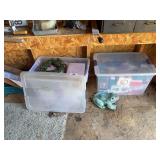 2 tubs of Christmas ornaments, frog, misc