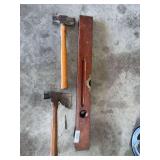 Stanley level, axe, small sledge hammer