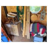 2 storage cabinets & contents, hose, plastic pet crate, blanket, thermometer