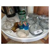 5 covered glass dishes, juicer, toothpicks, amber shoe