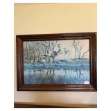 Framed geese in flight picture, 42”w x 30”h