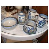 M.A. Hadley mugs, creamer and sugar, berry bowl
