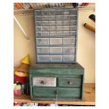 Wooden tool box, plastic storage unit, contents of misc calipers and die taps