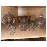 Clear glass bowls, candle holders, dish with dome, double handle lidded dish