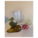 Vintage frosted Fenton “Currier and Ives” footed vase, Fostoria amber rabbit, frosted green duck, 3 paperweights