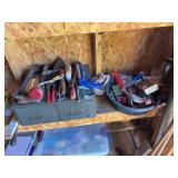 Metal file box, draw knives, concrete tools. Furniture clamp parts, misc