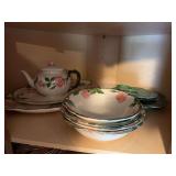 Franciscan china set including plates, bowls, tea pot and 2 oval serving plates, creamer and sugar, cups and saucers, salt and pepper, cabbage pattern plate, 2 cups and saucers
