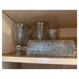 5 Duncan and Miller Sandwich pattern water goblets, butter dish, divided platter, 4 salad plates