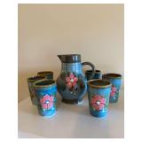 SMF Schramberg German pottery, hand painted, small pitcher with 6 glasses