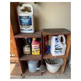 Lawn care, water can, 2 wooden crates