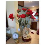 Vase with faux flowers, angel figurine, brass bell, clock, 2 wreaths