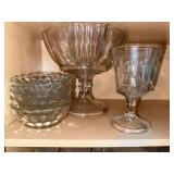Compote, clear glass berry dishes, American Bicentennial commemorative glass goblet featuring the Liberty Bell