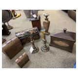 2 metal lunchbox style containers, candle sticks, covered boxes