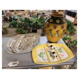 2 Asian platters, Gibson dishware, large ceramic vase, two cow napkin holders frog divided tray