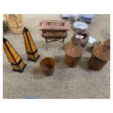 Metal decor lantern, 3 metal pots, clay duck, clay lidded box, pair of decorative columns, metal pot on stand