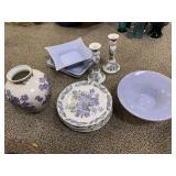 5 Andrea decorative china plates with matching vase and pair of candle holders, 2 purple crackle bowls, Caslain square bowl and 4 lavender square plates