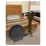 Molded resin 24” plate on stand, 40” copper floor vase