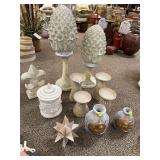 Candle holders, 2 vases, star decor, pair of artichoke finals (one damaged), covered jar, Flur delis