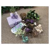Lot of floral items, purple checked boxes, purple vase, bottle with stopper, figure of girl